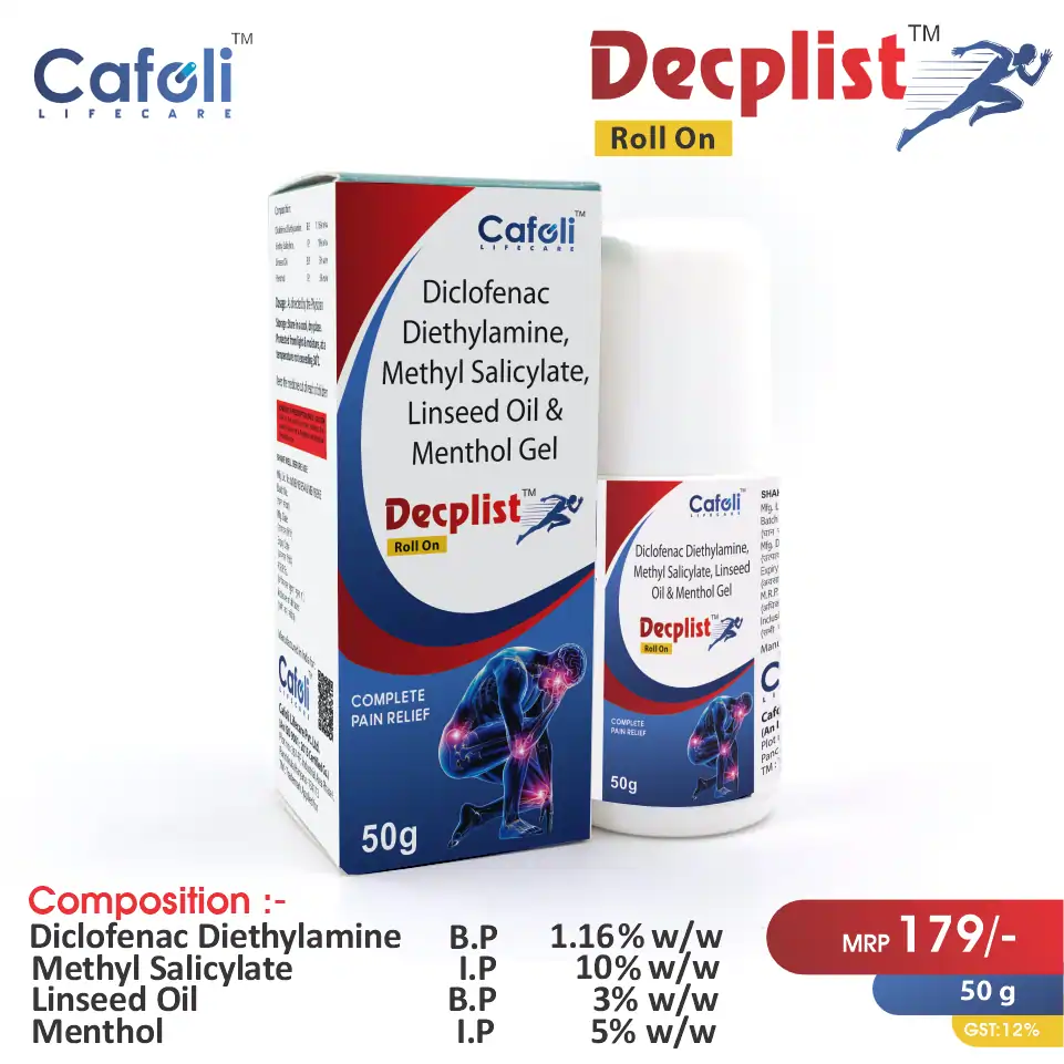Diclofenac diethylamine + Linseed Oil Roll On at the best price in PCD Pharma Franchise for Topical Analgesic, and Muscle Relaxant.